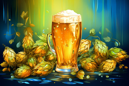 Glasses of beer with hops on a blue background, illustration 1の素材