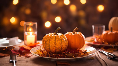 Small autumn pumpkins on a plate, bokehの素材