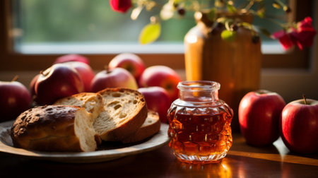 Honey with apples on a wooden table, Rosh Hashanahの素材