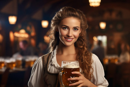 German waitress at Oktoberfest with a glass of beerの素材