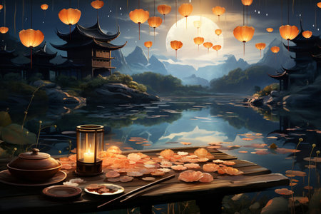 Dinner under Chinese lanterns by the river, mid-autumn dayの素材