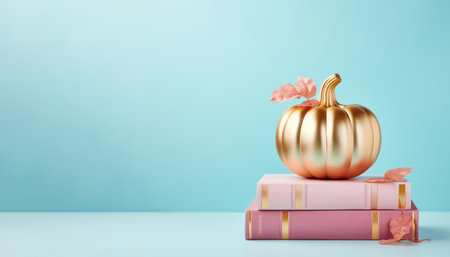 Golden pumpkin with books on a blue background, banner 1の素材