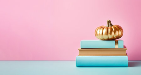 Golden pumpkin with books on a pink background, banner 1の素材