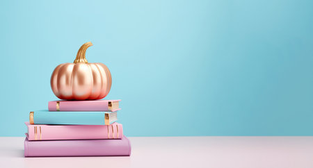 Golden pumpkin with books on a blue background, bannerの素材