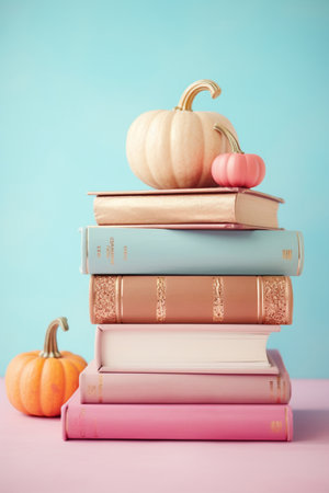 Golden pumpkin with books on a blue backgroundの素材