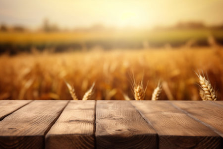 Wooden podium, mockup on the background of a wheat field 1の素材