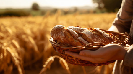 The farmer is holding a basket with freshly baked bread on the background of a wheat field 1の素材