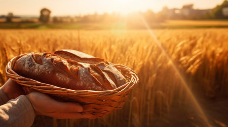 The farmer is holding a basket with freshly baked bread on the background of a wheat fieldの素材