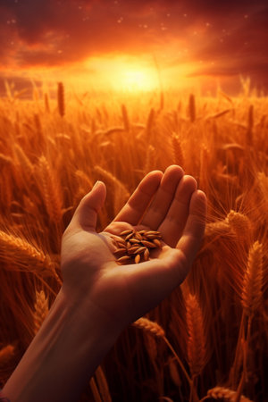 A farmer holds a grain in his hand on the background of a wheat field 1の素材