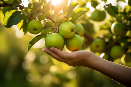 A woman farmer holds a ripe red apple in his handの素材