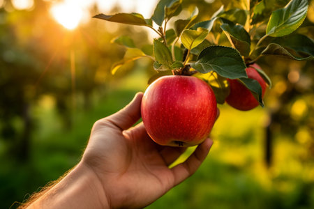 A male farmer holds a ripe red apple in his hand 1の素材