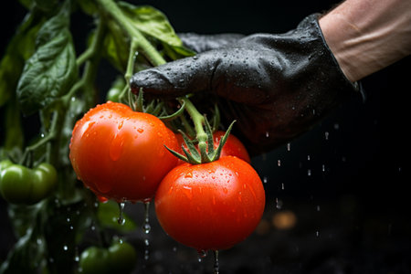 A male farmer holds ripe red tomatoes in his handsの素材