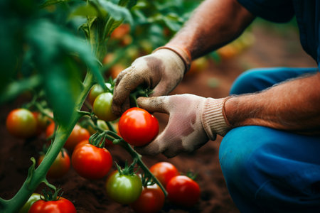 A male farmer holds ripe red tomatoes in his handsの素材