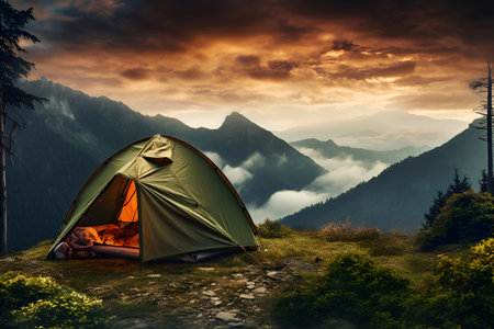 A tourist tent stands in the mountainsの素材