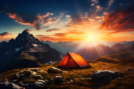 A tourist tent stands in the mountainsの素材
