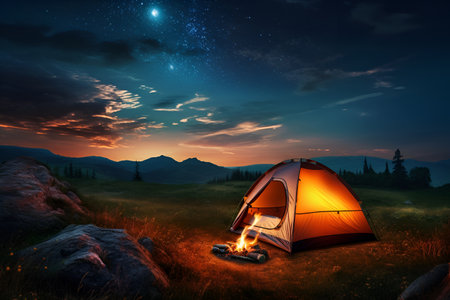 A tourist tent stands in the mountains under the night skyの素材