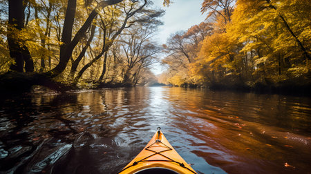 A kayak floats down the riverの素材