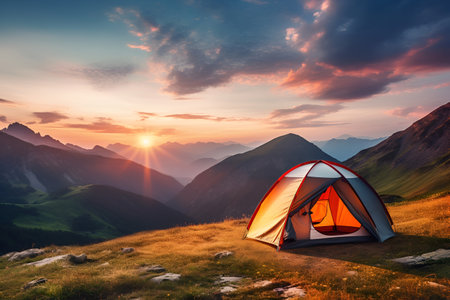 A tourist tent stands in the mountainsの素材