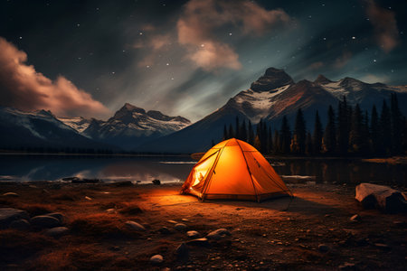 A tourist tent stands in the mountains under the night skyの素材