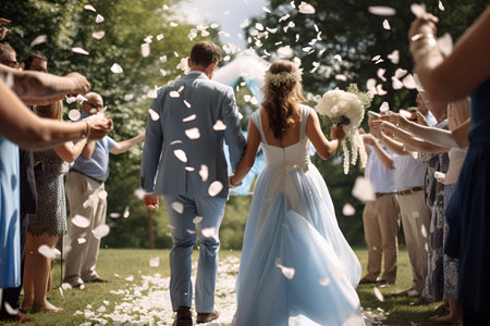 The bride and groom walk on flower petals among the guests 1の素材