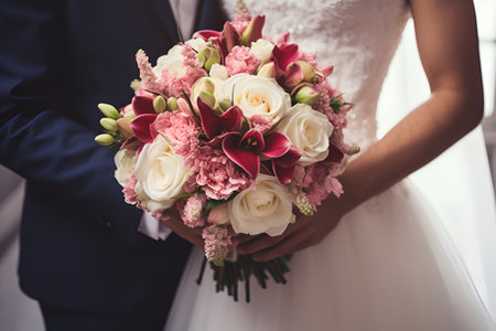 The bride and groom hold a wedding bouquetの素材