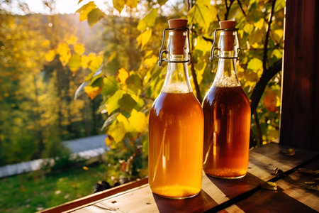 Homemade apple cider in bottles on the windowの素材