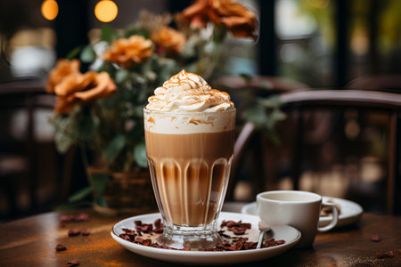 Pumpkin latte on a wooden tableの素材