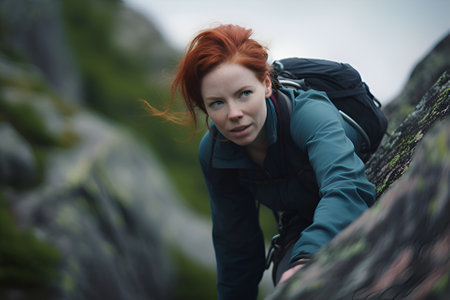 Red-haired woman rock climber on the mountainの素材