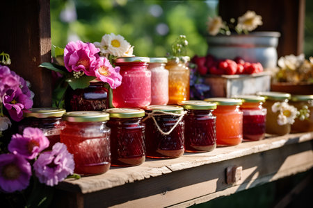 Jars with various jams and flowers on a wooden shelfの素材