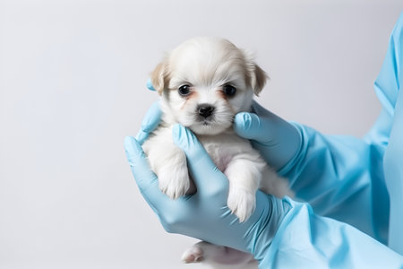 A veterinarian holds a small puppy in his handsの素材