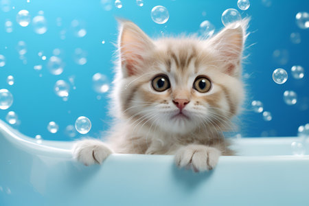 Cute kitten in the bath on a blue background with soap bubbles 1の素材