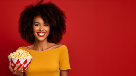 Girl with a bowl of popcorn on a red background, banner 1の素材