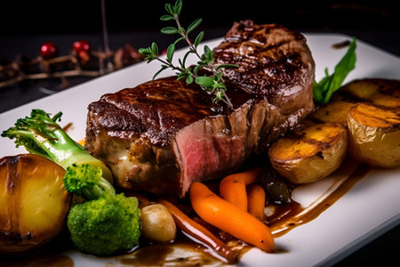 Juicy steak with vegetables and greensの素材