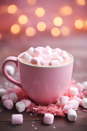 A cup of cocoa with marshmallows on a pink background with bokeh 1の素材