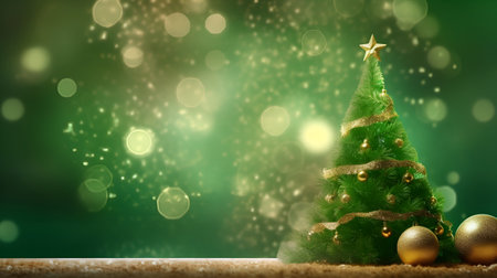 New Year green and gold background with Christmas tree decorated with balls 1の素材