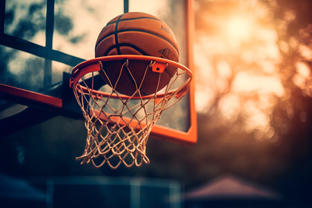 Photo pour A basketball falls into the basket at the stadium at sunset 1 - image libre de droit