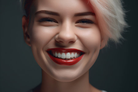Beautiful female smile with white teeth and red lipstick, close-upの素材