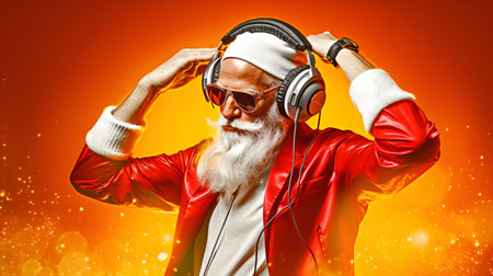 DJ Santa Claus in headphones and a red suit on an orange background 1の素材