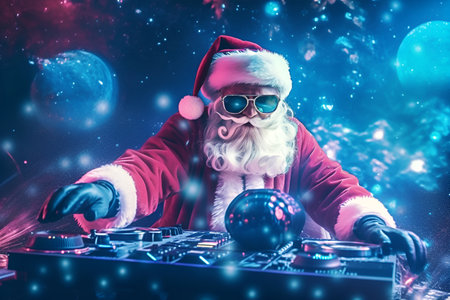 DJ Santa Claus in glasses on a blue background at the New Year partyの素材