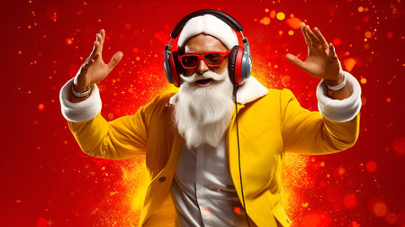 DJ Santa Claus in headphones and a yellow suit on a red background 1の素材