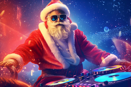 DJ Santa Claus in glasses on a blue background at the New Year partyの素材