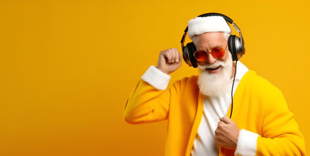 DJ Santa Claus in headphones on a yellow background, banner 1の素材