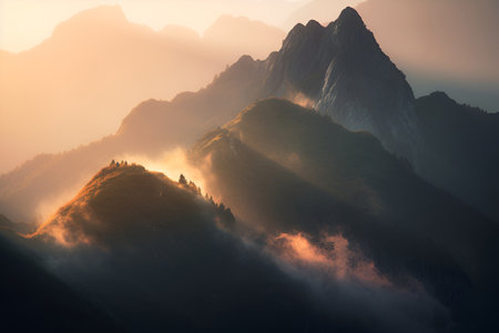 Mountain peaks in clouds and fog at sunsetの素材
