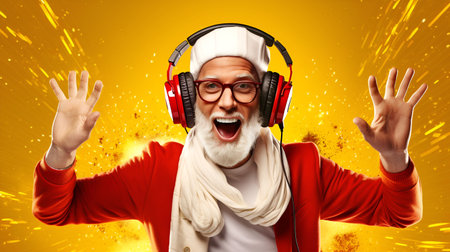 DJ Santa Claus in headphones in a red suit on a yellow background 1の素材