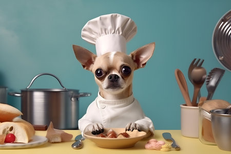 A funny dog in a chef hat on a blue background 1の素材