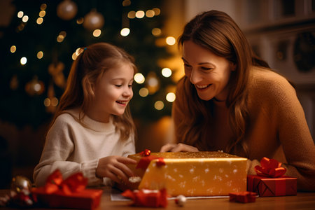Mother and daughter open boxes with New Year's gifts near the Christmas treeの素材