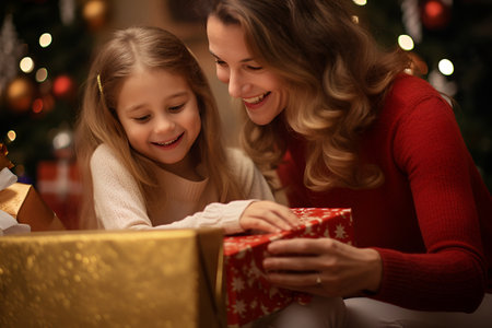 Mother and daughter are holding New Year's gift boxes near the Christmas treeの素材