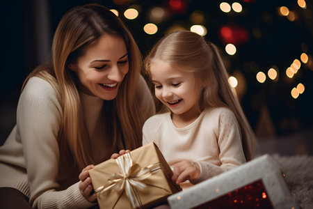Mother and daughter are holding New Year's gift boxes near the Christmas treeの素材