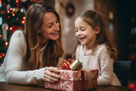 Mother and daughter open boxes with New Year's gifts near the Christmas treeの素材