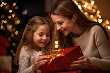 Mother and daughter open boxes with New Year's gifts near the Christmas treeの素材